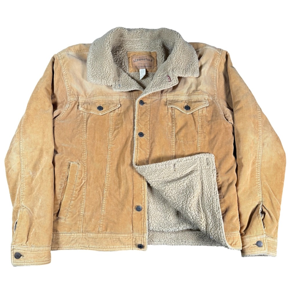 Aeropostale Sherpa Lined Corduroy Trucker Jacket Mens L Tan Distressed Vintage